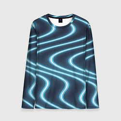 Лонгслив мужской Неоновый свет Волны голубые на темном фоне, цвет: 3D-принт