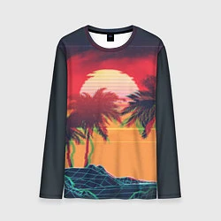 Лонгслив мужской Пальмы и пляж на закате с помехами VHS ретро дизай, цвет: 3D-принт