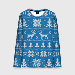 Лонгслив мужской Рождественский синий свитер с оленями, цвет: 3D-принт