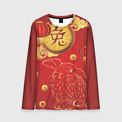 Лонгслив мужской Китайский иероглиф и золотой кролик на красном фон, цвет: 3D-принт