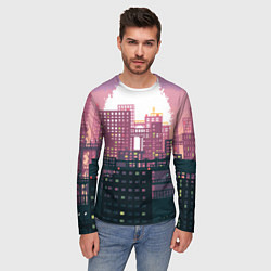 Лонгслив мужской Пиксельный пейзаж города - закат, цвет: 3D-принт — фото 2