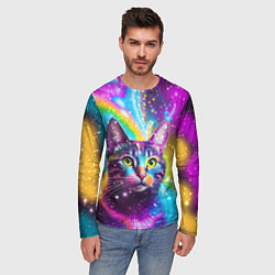 Лонгслив мужской Полосатый кот с разноцветной звездной туманностью, цвет: 3D-принт — фото 2