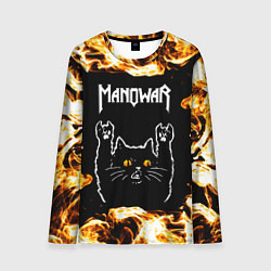 Лонгслив мужской Manowar рок кот и огонь, цвет: 3D-принт