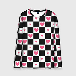 Мужской лонгслив Розовые сердечки на фоне шахматной черно-белой дос