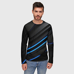 Лонгслив мужской Синие неоновые линии на черном, цвет: 3D-принт — фото 2