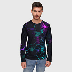 Лонгслив мужской Розово-голубые точки и линии на чёрном фоне, цвет: 3D-принт — фото 2