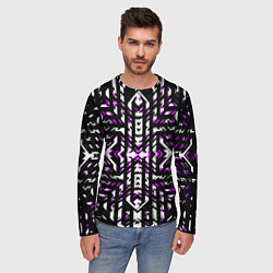 Лонгслив мужской Чёрно-фиолетовые диагональные полосы на белом фоне, цвет: 3D-принт — фото 2