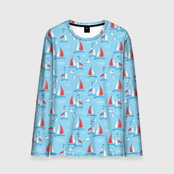 Лонгслив мужской Морской паттерн с парусными лодками и чайками, цвет: 3D-принт