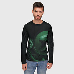 Лонгслив мужской На батискаф с девушкой нападает Тилозавр ужасы, цвет: 3D-принт — фото 2