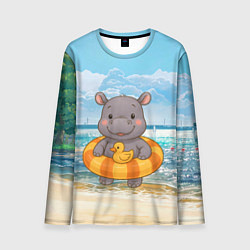 Лонгслив мужской Бегемотик в плавательном круге с уточкой, цвет: 3D-принт