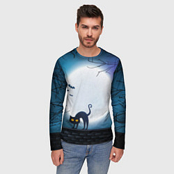 Лонгслив мужской Полнолуние и черный кот - жуткий Хэллоуин, цвет: 3D-принт — фото 2