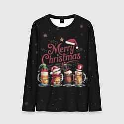 Мужской лонгслив Кружки пива в новогодних шапках