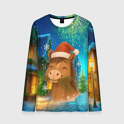 Лонгслив мужской Новогодняя лошадка жует елочные ветки, цвет: 3D-принт
