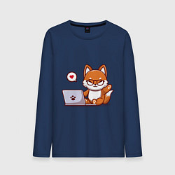 Лонгслив хлопковый мужской Cute fox and laptop, цвет: тёмно-синий