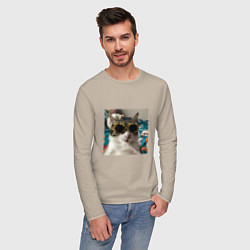 Лонгслив хлопковый мужской Мем про кота, цвет: миндальный — фото 2