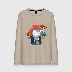 Лонгслив хлопковый мужской Japan fuji lucky cat, цвет: миндальный