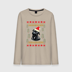 Лонгслив хлопковый мужской Рождественский свитер Черный мопс, цвет: миндальный
