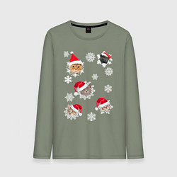Лонгслив хлопковый мужской Новогодние Коты в Шапках, цвет: авокадо