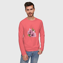 Лонгслив хлопковый мужской Акварельный розовой цветок, цвет: коралловый — фото 2