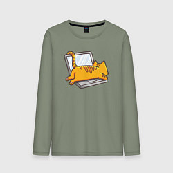 Лонгслив хлопковый мужской Котик лежит на ноутбуке, цвет: авокадо