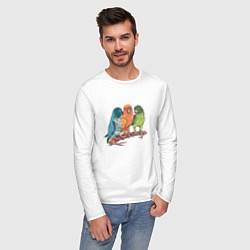 Лонгслив хлопковый мужской Три волнистых попугая на ветке, цвет: белый — фото 2