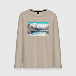 Лонгслив хлопковый мужской Mt Fuji from Tagonoura, Snow Scene Гора Фудзи, цвет: миндальный