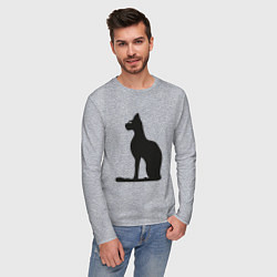 Лонгслив хлопковый мужской Силуэт черной кошки, Египетская богиня Бастет, цвет: меланж — фото 2