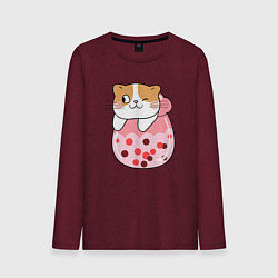 Лонгслив хлопковый мужской Довольный котик в стакане с мороженым, цвет: меланж-бордовый