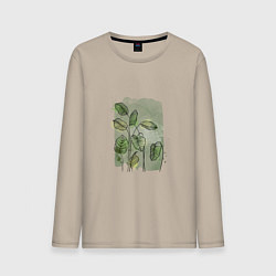 Лонгслив хлопковый мужской Нежные листья на акварельном фоне, цвет: миндальный