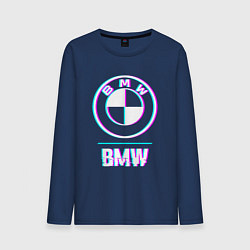 Лонгслив хлопковый мужской Значок BMW в стиле glitch, цвет: тёмно-синий