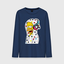 Лонгслив хлопковый мужской Гомер Симпсон в звёздном балахоне и в наушниках, цвет: тёмно-синий