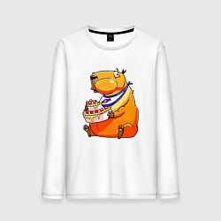 Лонгслив хлопковый мужской Капибара празднует день рождения, цвет: белый