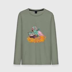 Лонгслив хлопковый мужской Осенний фламинго с ноутбуком, мечты о лете, цвет: авокадо
