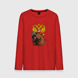 Лонгслив хлопковый мужской Патриотичный медведь на фоне герба, цвет: красный