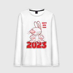 Лонгслив хлопковый мужской Happy New Year, 2023, кролик сидит на цифрах, цвет: белый