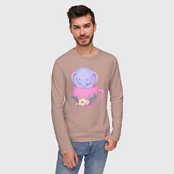 Лонгслив хлопковый мужской Милый слонёнок внутри чашки с цветами, цвет: пыльно-розовый — фото 2