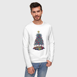 Лонгслив хлопковый мужской Новогодняя елка с подарками, цвет: белый — фото 2