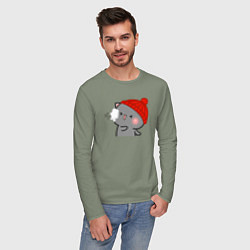 Лонгслив хлопковый мужской Игра в снежки - серый котик, цвет: авокадо — фото 2