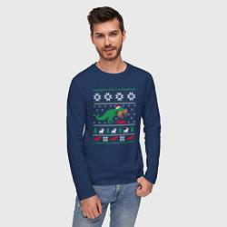 Лонгслив хлопковый мужской Новогодний тирекс - ugly sweater, цвет: тёмно-синий — фото 2