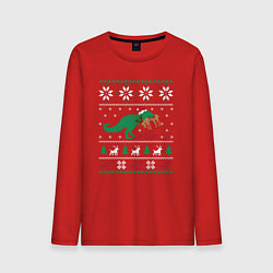 Лонгслив хлопковый мужской Новогодний тирекс - ugly sweater, цвет: красный