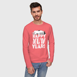 Лонгслив хлопковый мужской Happy new year - кошечка, цвет: коралловый — фото 2