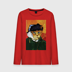 Лонгслив хлопковый мужской Кот Ван Гога портрет с отрезанным ухом - пародия, цвет: красный