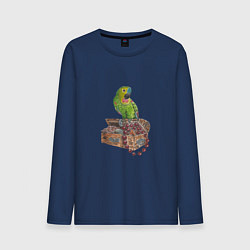 Лонгслив хлопковый мужской Зеленый попугай на сундуке с сокровищами, цвет: тёмно-синий