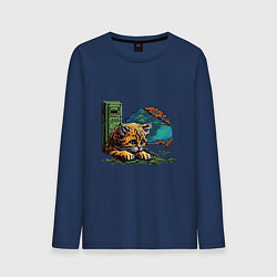 Лонгслив хлопковый мужской Пиксельный котик интернет сёрфер, цвет: тёмно-синий