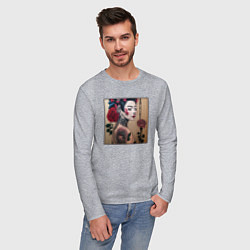 Лонгслив хлопковый мужской Irezumi - гейша с татуировкой и розами, цвет: меланж — фото 2