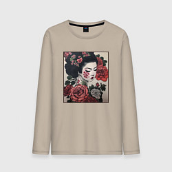 Лонгслив хлопковый мужской Irezumi - гейша в розах, цвет: миндальный