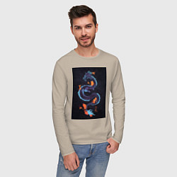 Лонгслив хлопковый мужской Синий дракон на черном фоне, цвет: миндальный — фото 2