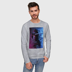 Лонгслив хлопковый мужской Японская девушка и катана, цвет: меланж — фото 2