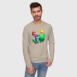 Лонгслив хлопковый мужской Марио, Йоши и звезда, цвет: миндальный — фото 2