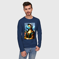 Лонгслив хлопковый мужской Mona Lisa - cyberpunk - neural network, цвет: тёмно-синий — фото 2